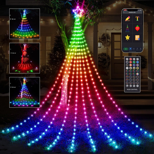 11.8 FT Christmas Decorations Outdoor Star String Lights,Smart APP Remote Control RGB Color Changing DIY 344 LED Waterfall Lights for Garden Yard Outdoor Xmas Decorations