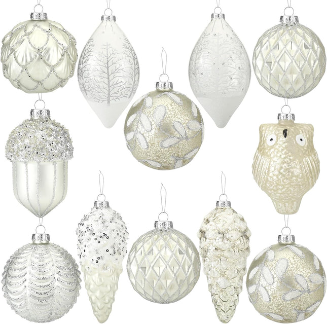 Mifoci 12 Pcs 4-6 Inch Mercury Glass Christmas Ornaments Silver and White Hanging Christmas Balls Finials Assorted Mercury Glass Ornaments for Christmas Tree Vintage Holiday Decoration