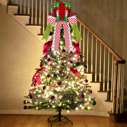 Christmas Tree Hat Topper, Red Velvet Top Hat with Elf Legs and Red & White Stripes Bow Ribbon Ornament, Whimsical Tree Topper Xmas Tree Decor Winter Holidays Home Decorations
