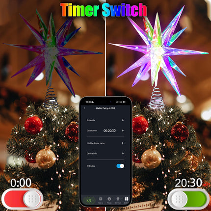 Christmas Star Tree Topper, 10.6" Smart Star Tree Top of Crystal-Like 3D Polygonal Shell, Light Tree top w/Remote Control/App, Music Sync RGB Color Changing Control LED Christmas Light, 18 Lights