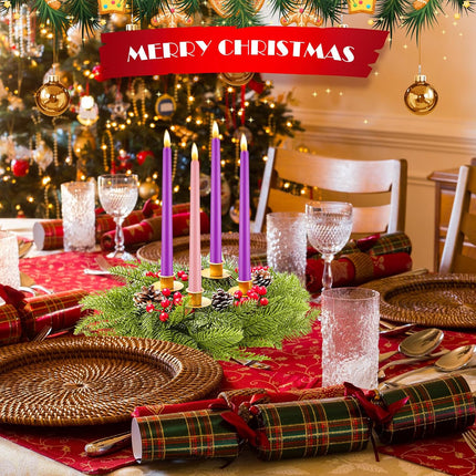 Maxcheck 2 Set 12 Inch Gold Christmas Advent Wreath Candle Holder with 8 Taper Candles Designed with Branch Berry Pinecone Suitable for Christmas Advent Church Home Decoration Table Centerpiece Decor
