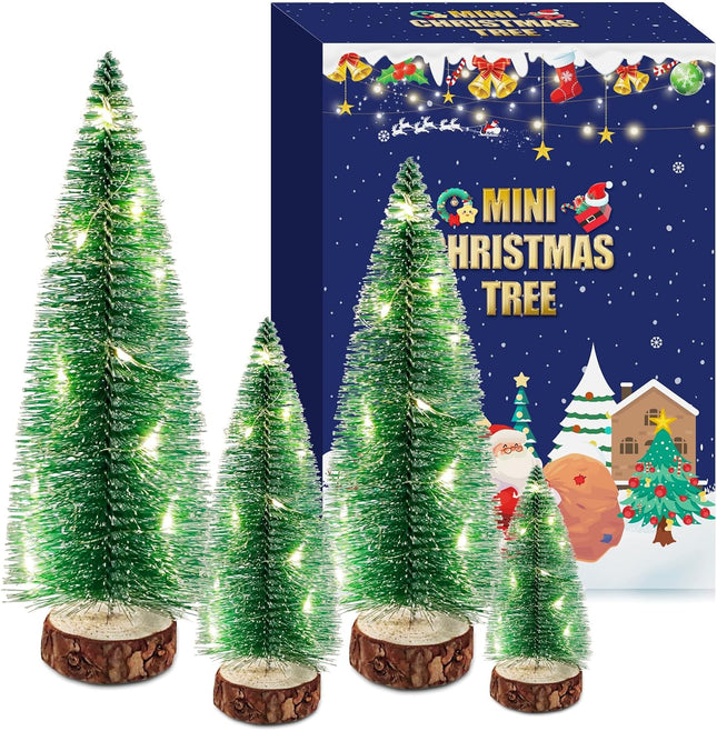 SUPREME XMAS Mini Christmas Tree, 4 Pcs Small Bottle Brush Christmas Tree with Lights for Table Top Christmas Decorations Tabletop Artificial Miniature Pine Trees Indoor Home Decor Holiday Party s