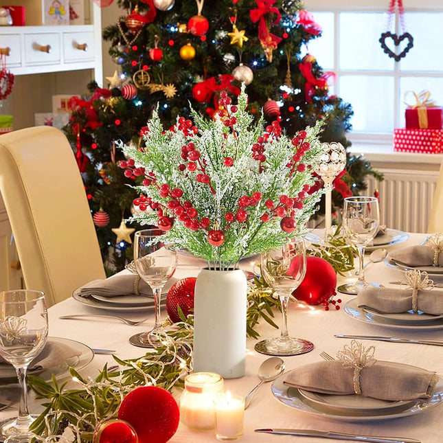 12pcs Snowy Artificial Cedar Picks, 19.5" Frosted Faux Cedar Spray Branches with Berries & Ring Bell Plastic Christmas Cypress Greenery Pine Stems for DIY Garland Christmas Tree Holiday Decor