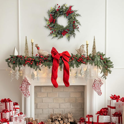 18-Inch Christmas Wreath with Red Berries Eucalyptus and Cedar Leaf - Artificial Holiday Wreath for Front Door, Wall, and Home Decoration
