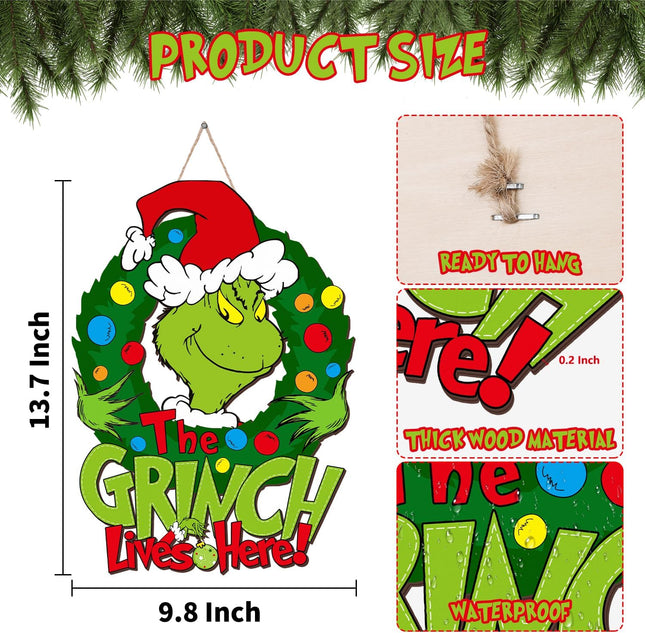Grinchs Christmas Door Decorations Hanging Sign Christmas Wooden Door Sign The Griinch Lives Here Welcome Funny Xmas Holiday Wreath Sign for Christmas Tree, Door, Wall, Indoor Outdoor Home Party