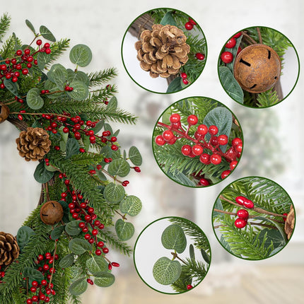 Artifical Christmas Door Wreath 22 Inches Christmas Wreaths for Front Door Rustic Winter Wreath with Evergreen Pine Needle Pinecone Red Berries for Wall Porch Window Holiday Indoor Outdoor