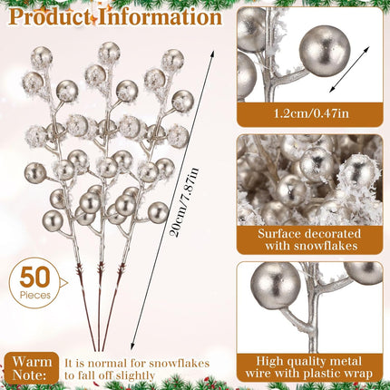 Censen 50 Pieces Artificial Holly Berry Stem Picks with Snowflake Frosted Christmas Tree Branches Fillers Ornaments Snowy Berry Twig Branches for Xmas Garland Wreath Winter Home Decor (Champagne)