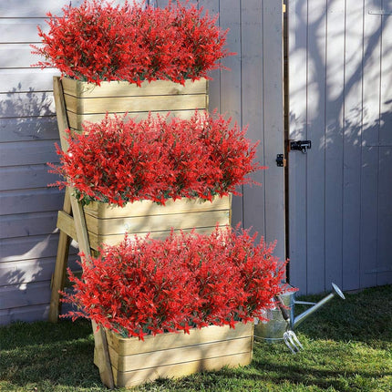 8 Bundles Outdoor Artificial Lavender Fake Flowers, Lifelike UV Resistant No Fade Faux Plastic Plants to Brighten up Your Garden Patio Porch Window Box Décor (Red)