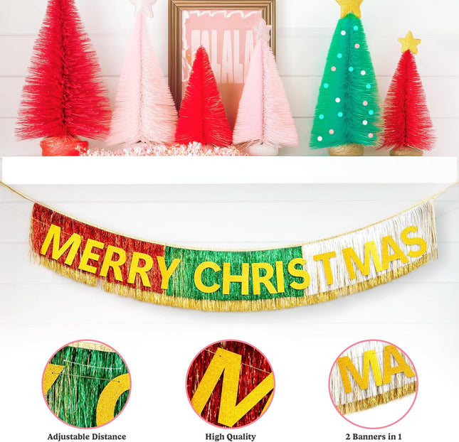 House of Party Merry Christmas Banner Christmas Banner with Foil Fringe Curtains Backdrop 6 Feet Christmas Party Banner for Xmas Party Supplier Xmas Indoor Hanging for Home & Party Decorations