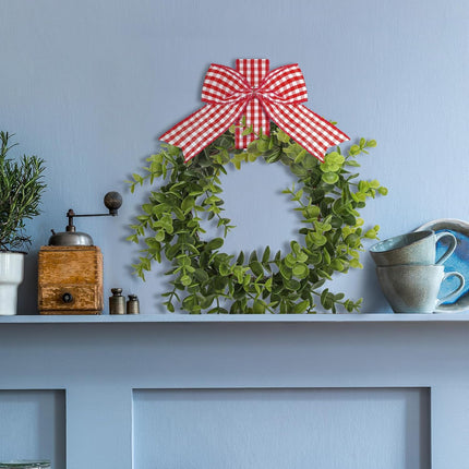 2 Pieces Faux Kitchen Cabinet Wreaths Christmas Boxwood Wreaths with Ribbon Artificial Green Leaves Wreaths Decorative Christmas Hanging Wreaths for Cabinet Wall Window (Red and White)