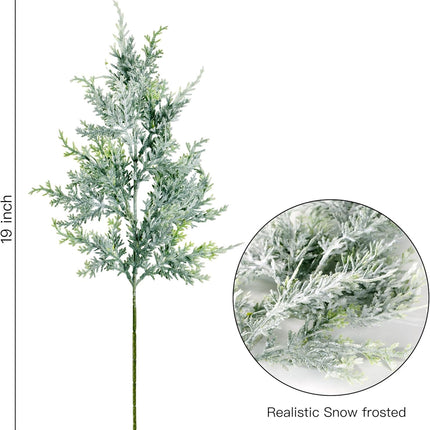 Sggvecsy 8 Pack Snowy Artificial Pine Branches Frosted Faux Cedar Spray 19’’ Long Greenery Cedar Picks Christmas Cedar Stems for DIY Garland Wreath Xmas Embellishing Garden Home Decoration
