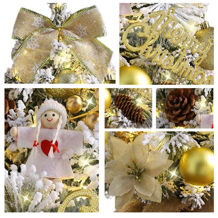 18 inch Gold Snow Flocked Tabletop Christmas Tree Glowing Mini Artificial Christmas Trees with Angel Christmas Balls Ornaments Bow Berries Pine Cones DIY Xmas Tree Winter Table Centerpieces