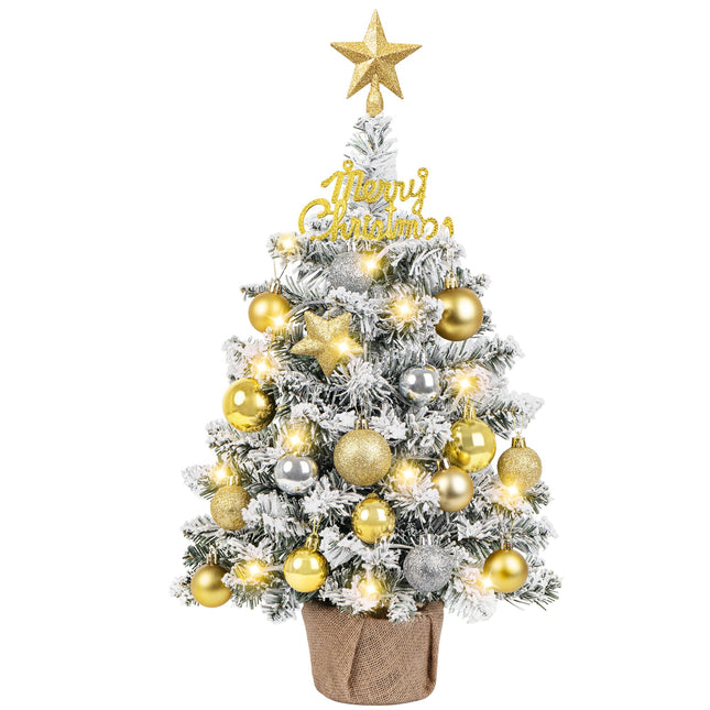 24 Inch Tabletop Mini Christmas Tree, Snow Flocked Prelit Artificial Small Christmas Tree with Lights, Star Treetopper and Hanging Ornaments for DIY Christmas Decorations for Home Party