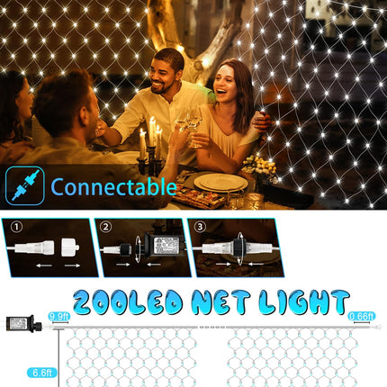 9.8ft x 6.6ft Christmas Net Lights, 200 LED Net Lights with 8 Modes, Connecable, Timer, Waterproof Halloween Lights Outdoor Bush Mesh Lights for Home Garden Wedding Xmas Decorations - Cool White