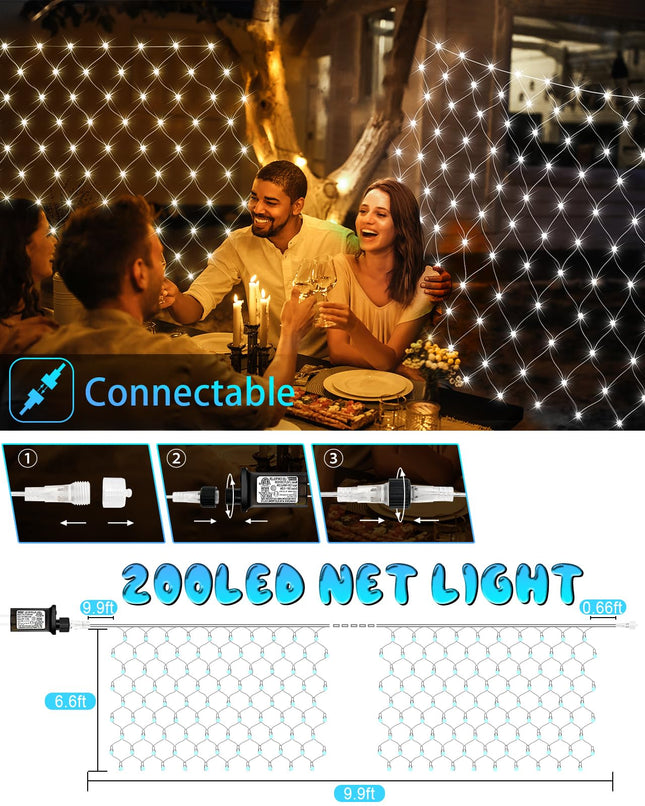 9.8ft x 6.6ft Christmas Net Lights, 200 LED Net Lights with 8 Modes, Connecable, Timer, Waterproof Halloween Lights Outdoor Bush Mesh Lights for Home Garden Wedding Xmas Decorations - Cool White