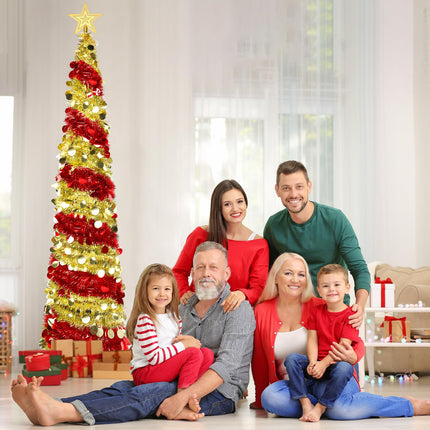 6FT Pop up Christmas Tree Collapsible Tinsel Christmas Tree Slim Shiny Sequins Xmas Tree with Topper Star, Artificial Easy-Assembly Reusable Xmas Tree for Holiday Indoor Home Party Decor(Red+Gold)