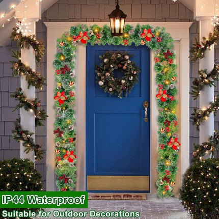 6 Ft 50 LED Prelit Christmas Garland Lights Decoration Timer Battery Operated 8 Modes 20 Snowy Bristle Pine,3 Bows,4 Poinsettia,3 Ball Ornaments,12 Snowy Pinecone,132 Red Berries for Home Indoor Decor