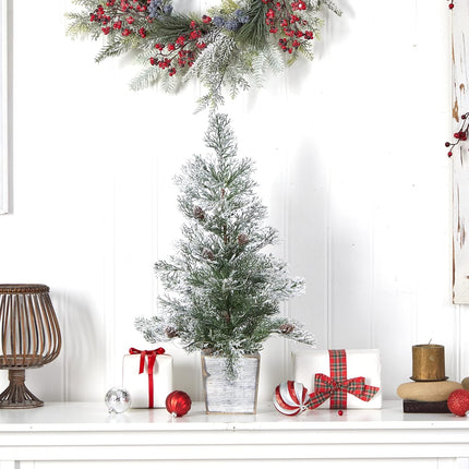 Nearly Natural 2ft. Frosted Pre-Lit Artificial Christmas Tree with Pinecones in Decorative Planter