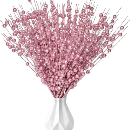 12Pack Christmas Glitter Berries Stems, 16 Inch Champagne Artificial Christmas Picks for Christmas Tree Ornaments, DIY Xmas Wreath, Crafts, Holiday and Home Decoration (Pink)