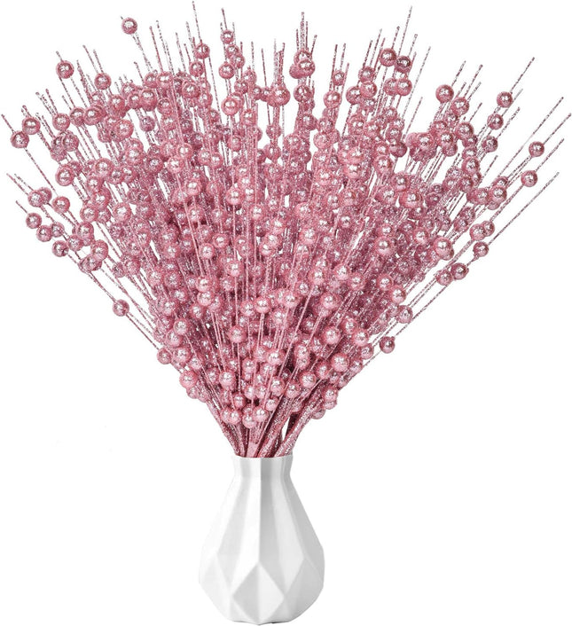 12Pack Christmas Glitter Berries Stems, 16 Inch Champagne Artificial Christmas Picks for Christmas Tree Ornaments, DIY Xmas Wreath, Crafts, Holiday and Home Decoration (Pink)