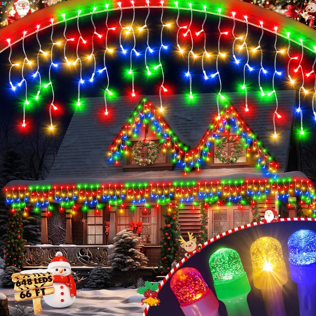 d Outdoor Christmas Lights, 66FT 648 LED Hanging Christmas Lights with 144 Drops, Timer & Memory, 8 Modes Waterproof Fairy Lights for Outside House Eaves Patio Yard Holiday Decor, Multicolor