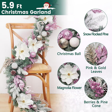 Christmas Garland - 5.9 Ft Christmas Garland for Mantle, Christmas Flocked Garlands with Magnolia Flower Christmas Balls Pink Gold Leaves for Outdoor Indoor Christmas Decor