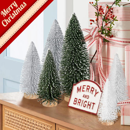 6pcs Mini Christmas Trees Christmas Decor, Artificial Christmas Mini Bottle Brush Trees Tabletop, Christmas Decoration Trees with 4 Size Xmas Holiday Decor (6pcs Green+Silver+White)