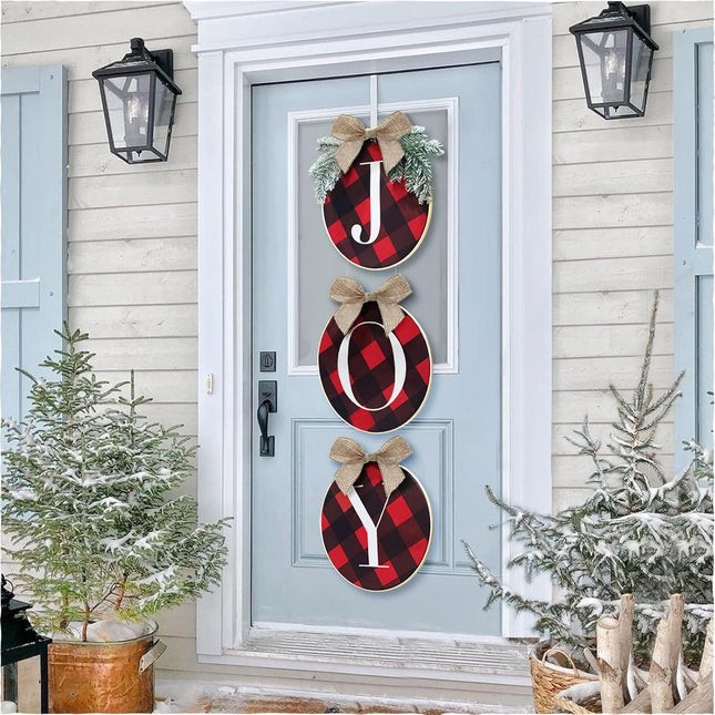 ORIENTAL CHERRY Christmas Decorations - Joy Sign - Buffalo Check Plaid Wreath for Front Door - Rustic Burlap Wooden Holiday Decor for Home Window Wall Farmhouse Indoor Outdoor