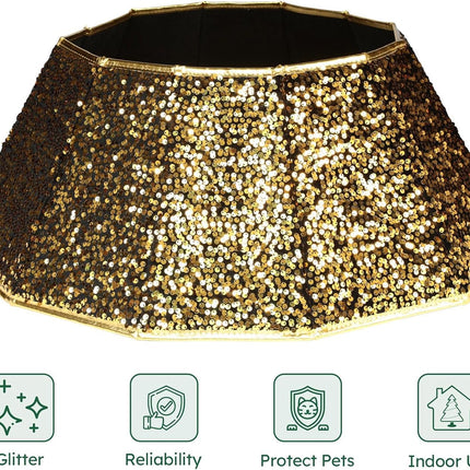 Sequin Christmas Tree Collar, Sparking Christmas Tree Base Cover, 26" D Foldable Dazzling Handcrafed Christmas Tree Ring for Christmas Tree Decoration (Gold Sequins, Diamond)