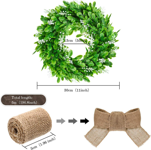 WILLBOND 2 Pcs Boxwood Wreath 11.8 Inch Artificial Christmas Wreath Outdoor Wreath Green Leaves Wreath with 16 Feet Sackcloth for Xmas Decor Front Door Wall Window Wedding(Natural Sackcloth)