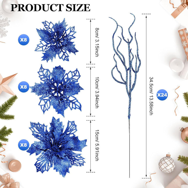 Yinder 48 Pcs Glitter Christmas Tree Filler Decorations Set 24 Pcs 13.7'' Christmas Curly Spray Picks 24 Christmas Poinsettia Flowers Artificial Twigs for Xmas Party Wreath Table Centerpiece (Blue)