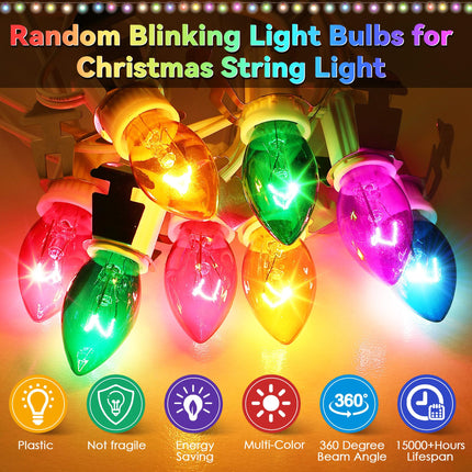 25 Pack Twinkle Christmas Replacement Bulbs, 7W C7 Random Blinking Light Bulbs for Christmas String Light, E12 Intermediate Base, Multi Color Light Bulbs for Night Lights (Clear Twinkle)