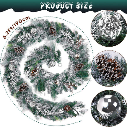 6.2FT Artificial Snowy Christmas Garland for Mantel, Thick Frosted Pine Garland Flocked Garland with Pine Cones, Realistic Cedar Garland for Xmas Holiday Table Stairs Fireplace Door Winter Decorations