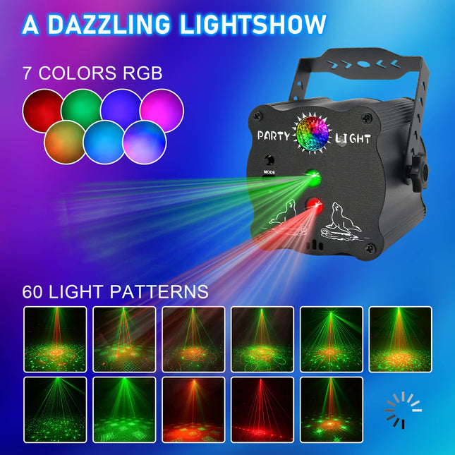 AMKI Party Lights DJ Disco Lights Rave Light + LED Disco Projector 2 in 1 with Remote Control USB Powered RGB Sound Activated Strobe Light for Christmas Halloween KTV Bar Plastic Corded Electric