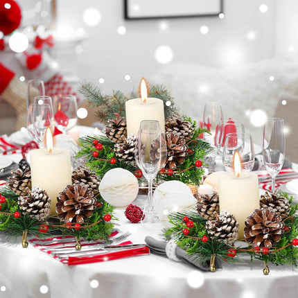 12 Pieces Christmas Wreath Candle Holder Include 6 Pcs Votive Candle Berry Ring with Pinecones and 6 Pcs Metal Candle Holders for Christmas Party Decoration