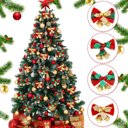 Christmas Bow with Bells for Crafts Christmas Mini Bowknot Ornament Craft Present Bow Christmas Tree Wreaths Hanging Decor (100 Pieces)
