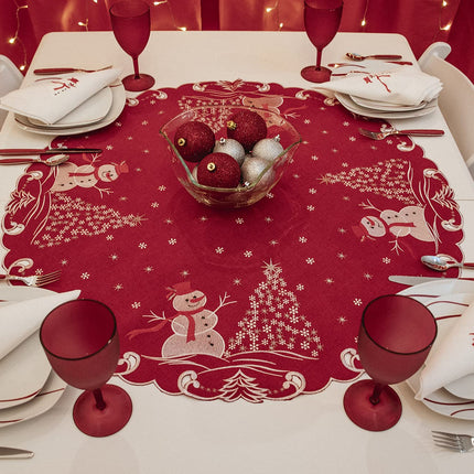 Beautifully Elegant Silver Star Topped Trees and Snowman on Red Linen Doily, Table Topper, Small Tablecloth, Table Centerpiece (34 Inch Round)