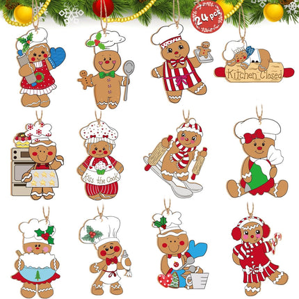 RINOLY 24 Pcs Gingerbread Christmas Decoration for Tree,Cooking Gingerbread Man Ornaments for Christmas Tree,Christmas Wooden Hanging Ornaments Home Kitchen Decor