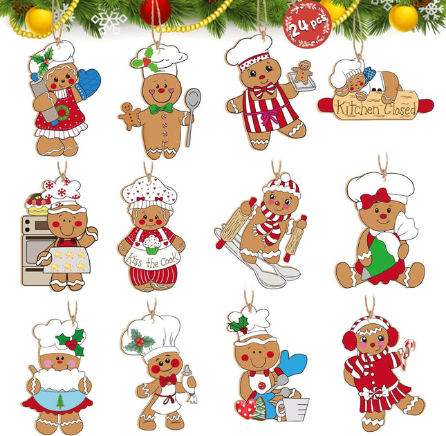 RINOLY 24 Pcs Gingerbread Christmas Decoration for Tree,Cooking Gingerbread Man Ornaments for Christmas Tree,Christmas Wooden Hanging Ornaments Home Kitchen Decor