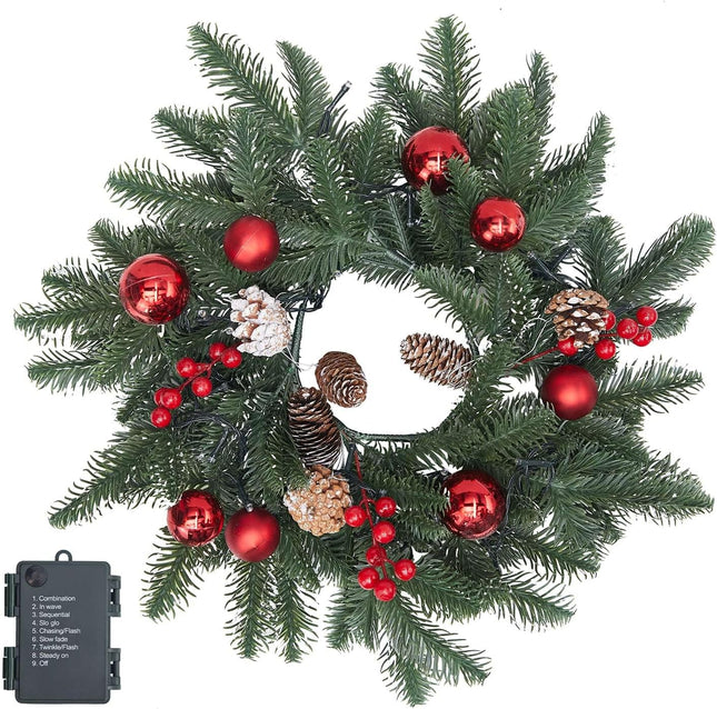 20 Inch Christmas Wreath with 50 Lights Timer (Battery Not Included) Small Christmas Wreaths for Front Door with Pine Cones Berries Red Balls Christmas Door Wreath Indoor Outdoor Wall Decoration