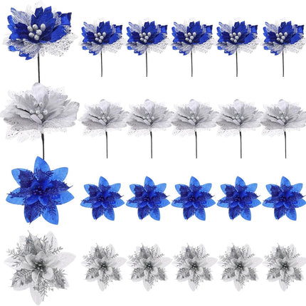 Jutom 40 Pcs 12.3/5.5 Inch Christmas Glitter Poinsettia Faux Flowers Blue Silver Poinsettias Artificial Flowers Ornaments Christmas Tree Decoration Poinsettia Christmas Decorations for Wedding Party