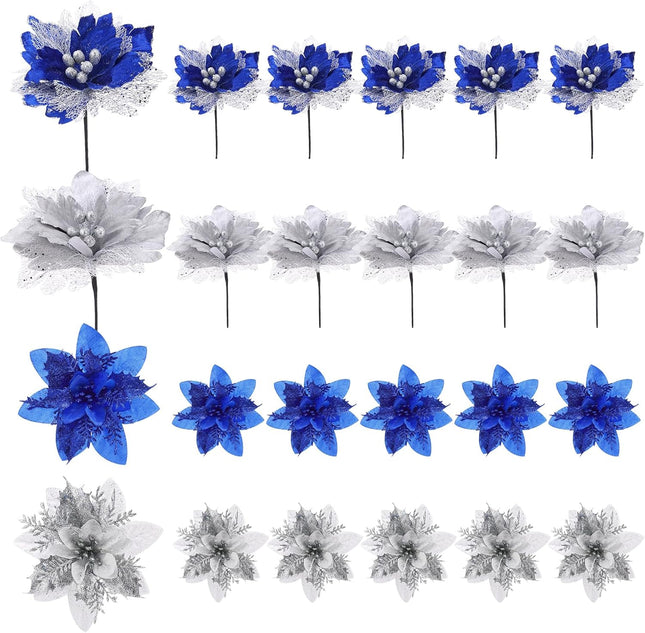 Jutom 40 Pcs 12.3/5.5 Inch Christmas Glitter Poinsettia Faux Flowers Blue Silver Poinsettias Artificial Flowers Ornaments Christmas Tree Decoration Poinsettia Christmas Decorations for Wedding Party