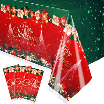Yoption 3 Pack Christmas Tablecloth Disposable, Red Green Plastic Rectangle Table Cover with Xmas Wreath Snowflakes Pattern for Winter Christmas Year Birthday Party Decorations 54×108 Inch