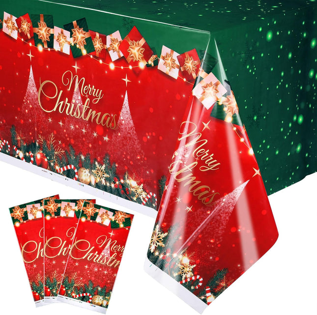 Yoption 3 Pack Christmas Tablecloth Disposable, Red Green Plastic Rectangle Table Cover with Xmas Wreath Snowflakes Pattern for Winter Christmas Year Birthday Party Decorations 54×108 Inch