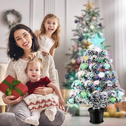 Pre-Lit Fiber Optic Christmas Tree,22'' Tabletop Small Mini Artificial Xmas Tree with Balls,RGB Lights,Treetop, Battery/USB Powered White Tiny Fake Xmas Tree Decorations for Desktop,Holiday