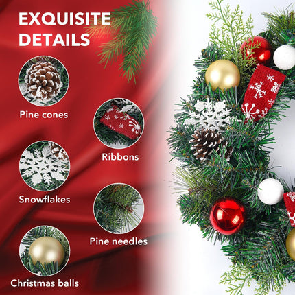 Christmas Wreath 22 Inches Door Wreath, Green,Snowflakes,Decorated with Ball Ornaments,Decorated with Pine Cones