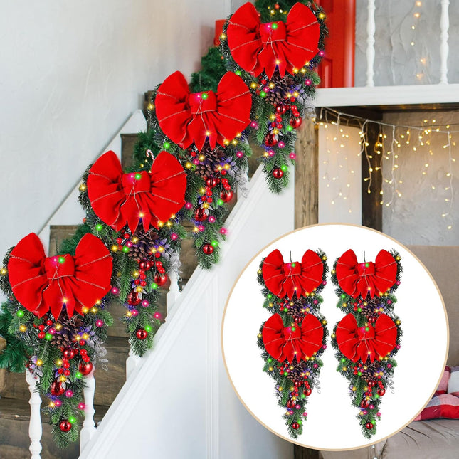 Tigeen 4 Pack Christmas Stairway Swag Wreaths Teardrop Swag for Stairs 16 Inch Red Poinsettia Stair Swag Wreath with Colorful Lights Christmas Swag for Front Door Stairs Wall Window Hanging Ornaments