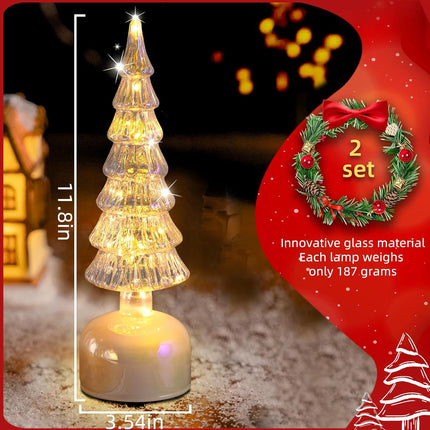 Glass Christmas Trees for Tabletop, Rotating Mercury Glass Christmas Tree Decor, Sparking Christmas Centerpiece Table Decorations, Battery Operated Lamp with Timer, Set of 2 Christmas Trees (Silver)