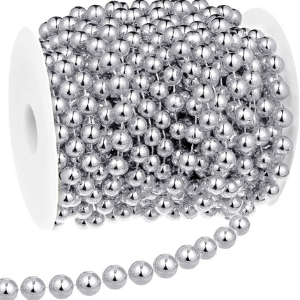 33 Feet Christmas Tree Beads Artificial Pearls Beads Garland Plastic Beads Roll for Christmas Wedding Party Decoration DIY Crafts (Silver)