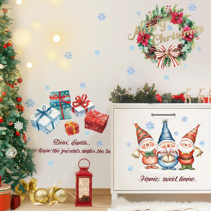 Christmas Gnome Wall Decals Peel and Stick, Boxes Stockings Wreaths Wall Stickers, Christmas Wall Decor Art for Kids Bedroom Living Room Party Door Window Shop Decoration